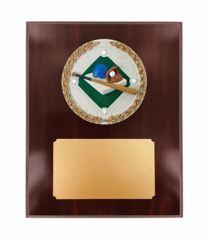 8 X 10" DARK CHERRY WALNUT FINISH PLAQUE HOLDS 4" BASEBALL STONE CAST EMBLEM