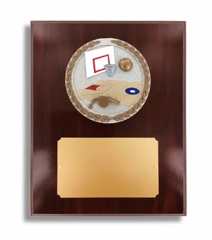 8 X 10" DARK CHERRY WALNUT FINISH PLAQUE HOLDS 4" BASKETBALL STONE CAST EMBLEM