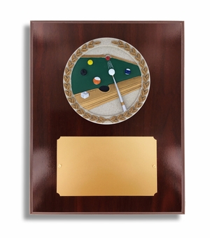 8 X 10" DARK CHERRY WALNUT FINISH PLAQUE HOLDS 4" BILLIARDS STONE CAST EMBLEM