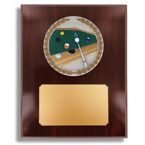 8 X 10" DARK CHERRY WALNUT FINISH PLAQUE HOLDS 4" BILLIARDS STONE CAST EMBLEM