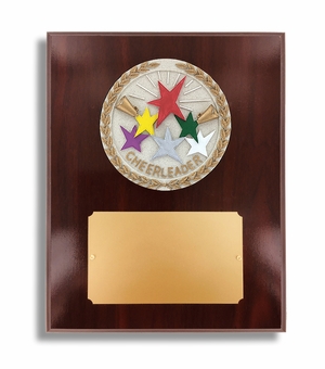 8 X 10" DARK CHERRY WALNUT FINISH PLAQUE HOLDS 4" CHEERLEADER STONE CAST EMBLEM