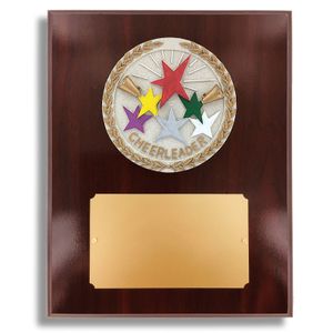 8 X 10" DARK CHERRY WALNUT FINISH PLAQUE HOLDS 4" CHEERLEADER STONE CAST EMBLEM