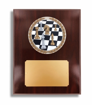 8 X 10" DARK CHERRY WALNUT FINISH PLAQUE HOLDS 4"CHESS STONE CAST EMBLEM
