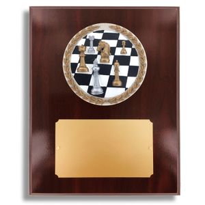 8 X 10" DARK CHERRY WALNUT FINISH PLAQUE HOLDS 4"CHESS STONE CAST EMBLEM