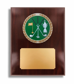 8 X 10" DARK CHERRY WALNUT FINISH PLAQUE HOLDS 4" GOLF STONE CAST EMBLEM