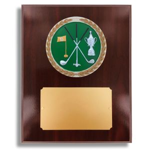 8 X 10" DARK CHERRY WALNUT FINISH PLAQUE HOLDS 4" GOLF STONE CAST EMBLEM