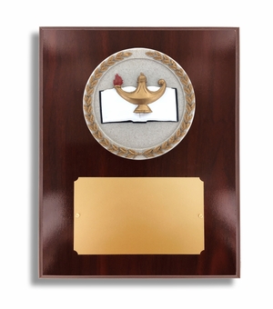 8 X 10" DARK CHERRY WALNUT FINISH PLAQUE HOLDS 4" LAMP OF LEARNING STONE CAST EMBLEM