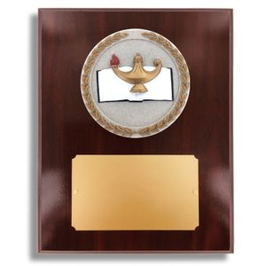 8 X 10" DARK CHERRY WALNUT FINISH PLAQUE HOLDS 4" LAMP OF LEARNING STONE CAST EMBLEM