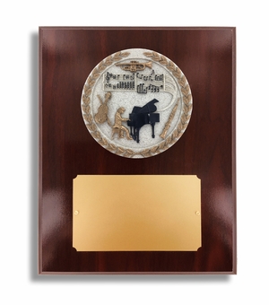 8 X 10" DARK CHERRY WALNUT FINISH PLAQUE HOLDS 4" MUSIC PIANO STONE CAST EMBLEM