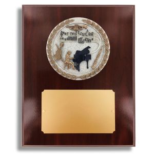 8 X 10" DARK CHERRY WALNUT FINISH PLAQUE HOLDS 4" MUSIC PIANO STONE CAST EMBLEM