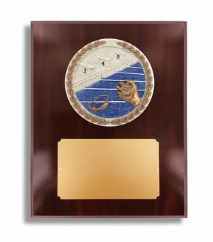 8 X 10" DARK CHERRY WALNUT FINISH PLAQUE HOLDS 4" SWIMMING STONE CAST EMBLEM