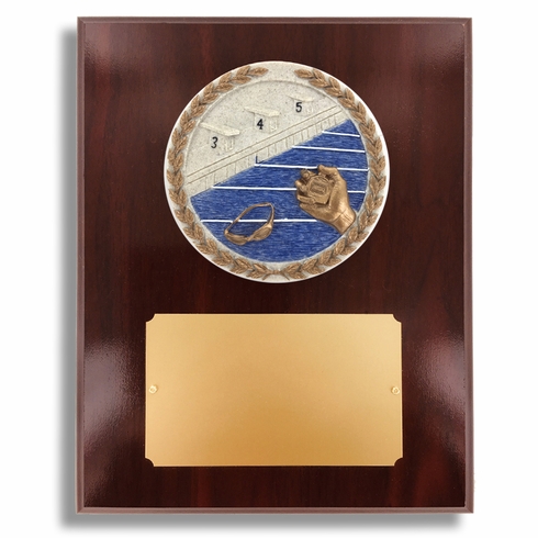 8 X 10" DARK CHERRY WALNUT FINISH PLAQUE HOLDS 4" SWIMMING STONE CAST EMBLEM