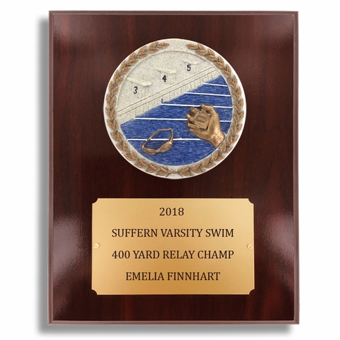 8 X 10" DARK CHERRY WALNUT FINISH PLAQUE HOLDS 4" SWIMMING STONE CAST EMBLEM