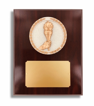 8 X 10" DARK CHERRY WALNUT FINISH PLAQUE HOLDS 4" TORCH STONE CAST EMBLEM