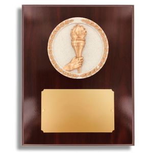 8 X 10" DARK CHERRY WALNUT FINISH PLAQUE HOLDS 4" TORCH STONE CAST EMBLEM