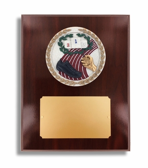 8 X 10" DARK CHERRY WALNUT FINISH PLAQUE HOLDS 4" TRACK STONE CAST EMBLEM