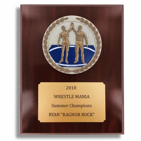8 X 10" DARK CHERRY WALNUT FINISH PLAQUE HOLDS 4" WRESTLING STONE CAST EMBLEM