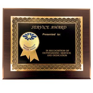 8 X 10 INCH DISTINGUISHED SERVICE AWARD PLAQUE WITH 2 " ETCHED ENAMEL BRASS MEDALLION