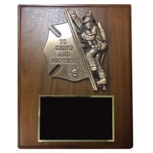 8 X 10 FIREFIGHTER WITH CHILD WALNUT VENEER PLAQUE 