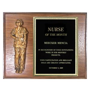 8 X 10 INCH GENUINE WALNUT FINISHED NURSE PLAQUE WITH BLACK SCREENED BRASS PLATE