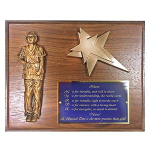 8 X 10 INCH GENUINE WALNUT FINISHED NURSE PLAQUE WITH STAR AND BLUE SCREENED BRASS PLATE