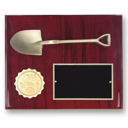 8 X 10 INCH ANTIQUE BRASS SHOVEL PLAQUE HOLDS 2 INCH INSERT