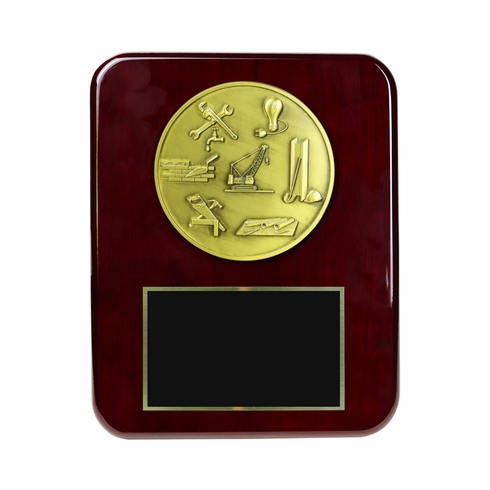 8 X 10 INCH CONSTRUCTION PLAQUE WITH ROSEWOOD PIANO FINISH AND 4-1/2 INCH ANTIQUE BRASS MEDALLION