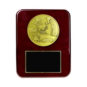 8 X 10 INCH CONSTRUCTION PLAQUE WITH ROSEWOOD PIANO FINISH AND 4-1/2 INCH ANTIQUE BRASS MEDALLION