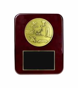 8 X 10 INCH CONSTRUCTION PLAQUE WITH ROSEWOOD PIANO FINISH AND 4-1/2 INCH ANTIQUE BRASS MEDALLION