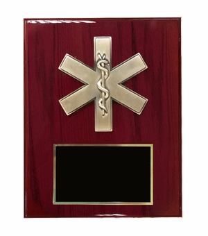 8 X 10 INCH EMT\PARAMEDIC STAR OF LIFE PLAQUE ON PIANO FINISH CHERRY BOARD