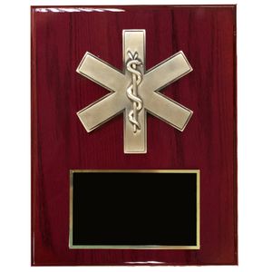 8 X 10 INCH EMT\PARAMEDIC STAR OF LIFE PLAQUE ON PIANO FINISH CHERRY BOARD