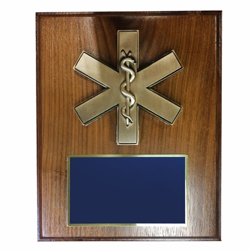 8 X 10 INCH EMT\PARAMEDIC STAR OF LIFE PLAQUE ON WALNUT VENEER BOARD
