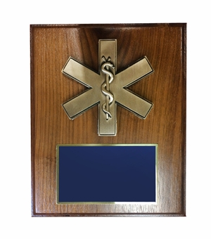 8 X 10 INCH EMT\PARAMEDIC STAR OF LIFE PLAQUE ON WALNUT VENEER BOARD