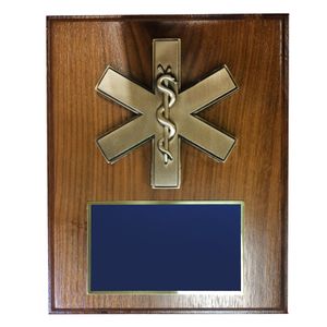 8 X 10 INCH EMT\PARAMEDIC STAR OF LIFE PLAQUE ON WALNUT VENEER BOARD