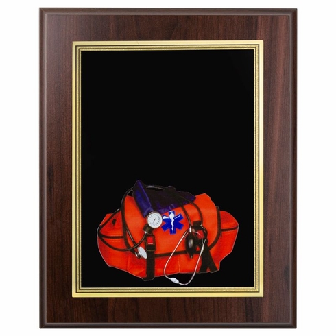 8 x 10 INCH EMT WALNUT FINISH PLAQUE WITH BLACK PLATE AND GOLD TRIM