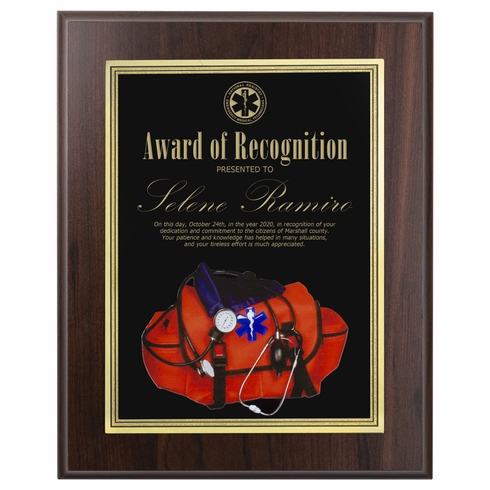 8 x 10 INCH EMT WALNUT FINISH PLAQUE WITH BLACK PLATE AND GOLD TRIM