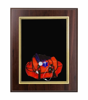 8 x 10 INCH EMT WALNUT FINISH PLAQUE WITH BLACK PLATE AND GOLD TRIM
