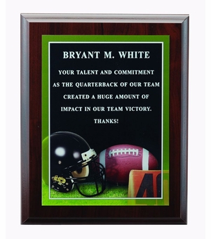 8 X 10 INCH FOOTBALL  PHOTO SPORTS PLAQUE WITH LASER ENGRAVED PLATE
