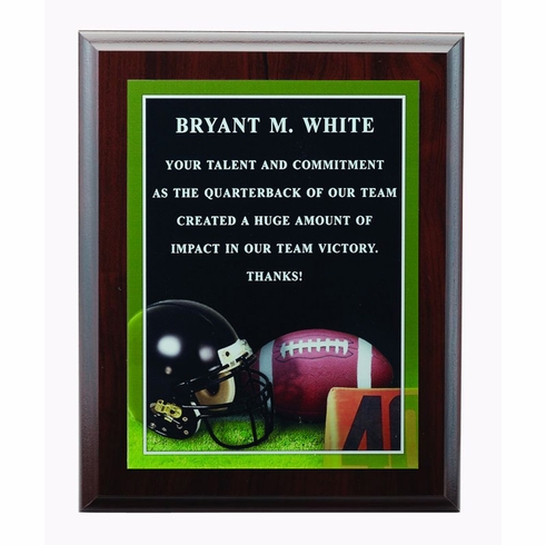 8 X 10 INCH FOOTBALL  PHOTO SPORTS PLAQUE WITH LASER ENGRAVED PLATE