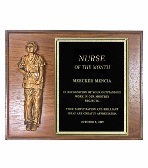 8 X 10 INCH GENUINE WALNUT FINISHED NURSE PLAQUE WITH BLACK SCREENED BRASS PLATE
