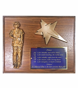 8 X 10 INCH GENUINE WALNUT FINISHED NURSE PLAQUE WITH STAR AND BLUE SCREENED BRASS PLATE
