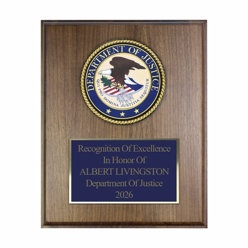 8 x 10 Inch Genuine Walnut Plaque with 4 Inch Department Of Justice Medallion Insert