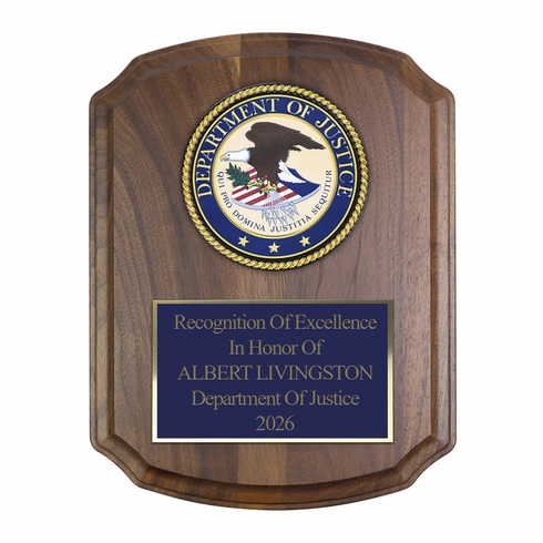 8 x 10 Inch Genuine Walnut Plaque with 4 Inch Department Of Justice Medallion Insert