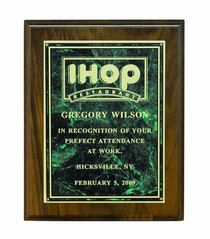 8 X 10 INCH GENUINE WALNUT PLAQUE  WITH MARBLEIZED SCREENED PLATE - COLOR OPTIONS