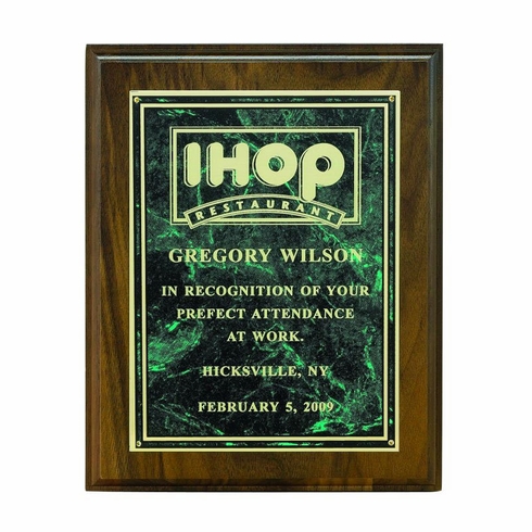 8 X 10 INCH GENUINE WALNUT PLAQUE  WITH MARBLEIZED SCREENED PLATE - COLOR OPTIONS
