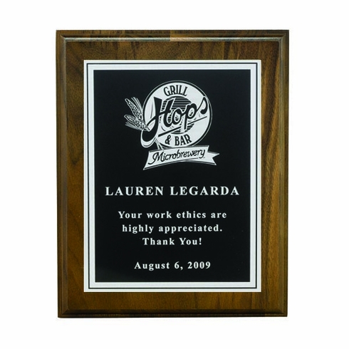 8 X 10 INCH GENUINE WALNUT PLAQUE WITH SCREENED FROSTED PLATE - COLOR OPTIONS