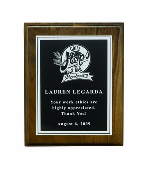 8 X 10 INCH GENUINE WALNUT PLAQUE WITH SCREENED FROSTED PLATE - COLOR OPTIONS