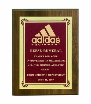 8 X 10 INCH GENUINE WALNUT PLAQUE WITH SCREENED FROSTED PLATE - COLOR OPTIONS