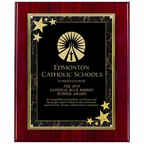 8 x 10 INCH PIANO FINISH CHERRY PLAQUE WITH BLACK AND GOLD FLORENTINE STAR