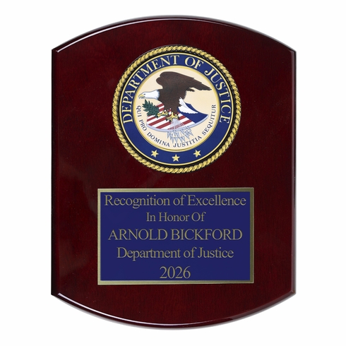  8 x 10 Inch Piano Finish Rose Wood Plaque With 4 Inch Department of Justice Medallion Insert